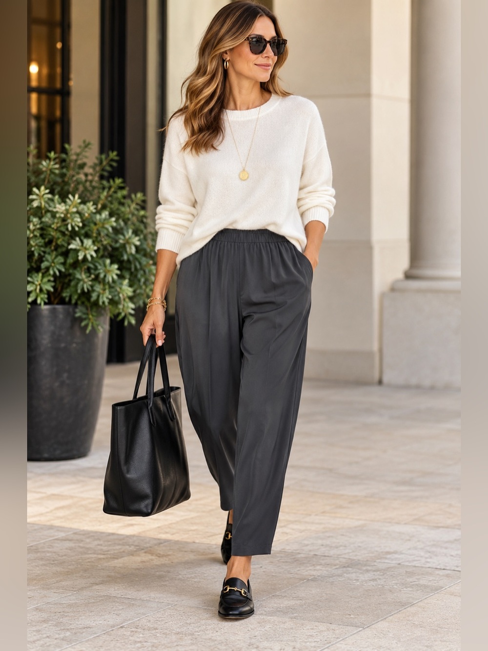 NWT Eileen Fisher Silk Georgette Crepe Slouchy Ankle Pants Graphite L